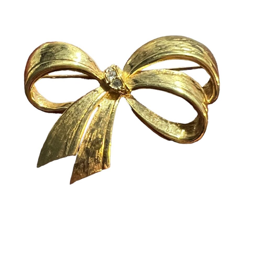 Avon Brooch Bow Brushed Gold Tone with Rhinestones Vintage Pin